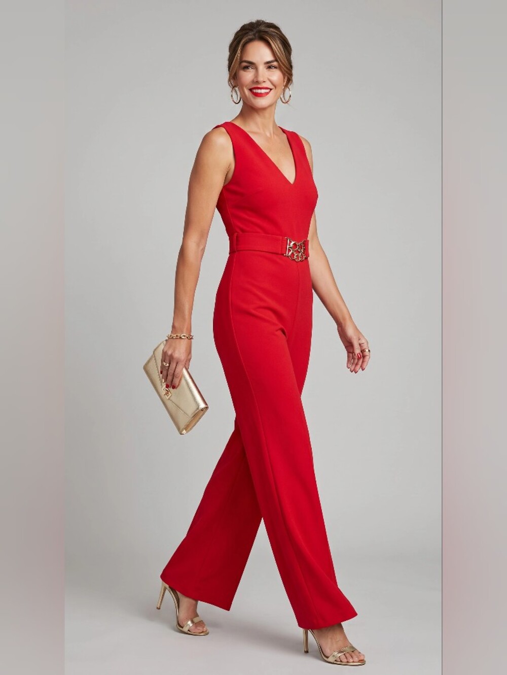 BLUE .R Sleeveless V-Neck Red Belted Wide-Leg Jumpsuit SIZE MEDIUM